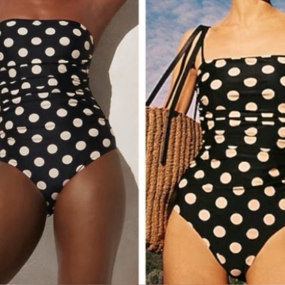 J Crew Black and Ivory Dot Swimsuit Ruched One Piece with Removable Straps